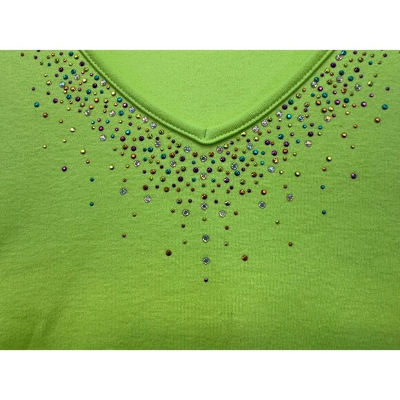 Quacker Factory Womens Beaded V-Neck Tee Top 2X Green Short Sleeve Cotton - Picture 5 of 11